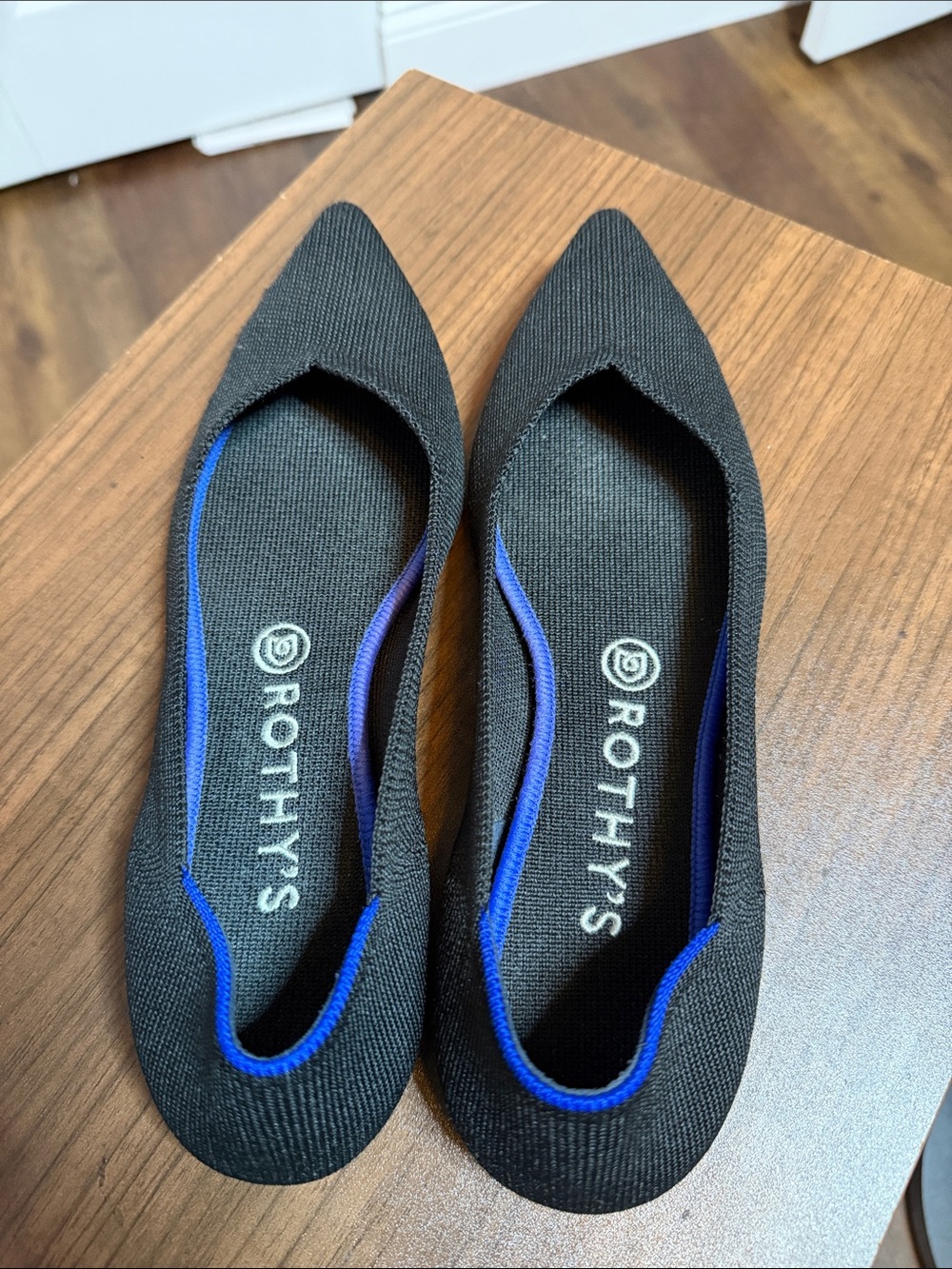 Rothy's Black Pointed Knit Flats with Blue Trim